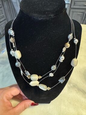 Multi-Strand Cream and Silver Bead Necklace